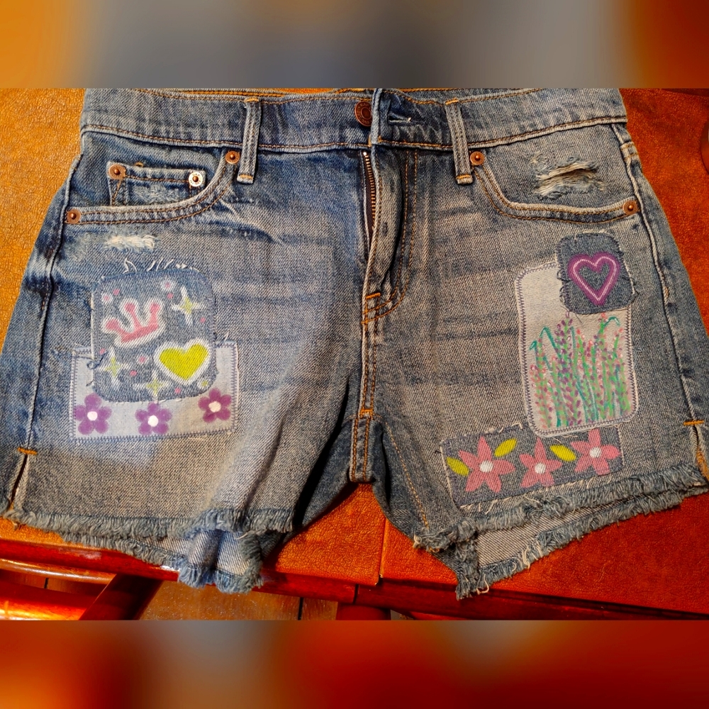 ONE OF A KIND ❤ Hand Painted Patchwork denim shorts